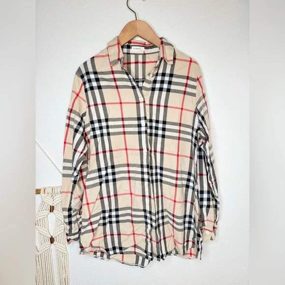 Boutique Top Checked Beige Plaid Button-Up Shirt Check Camel Black Collared - Picture 1 of 4